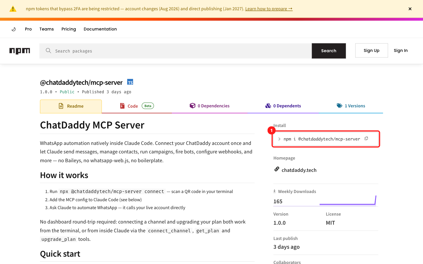 ① The package name you will use in the next steps: @chatdaddytech/mcp-server