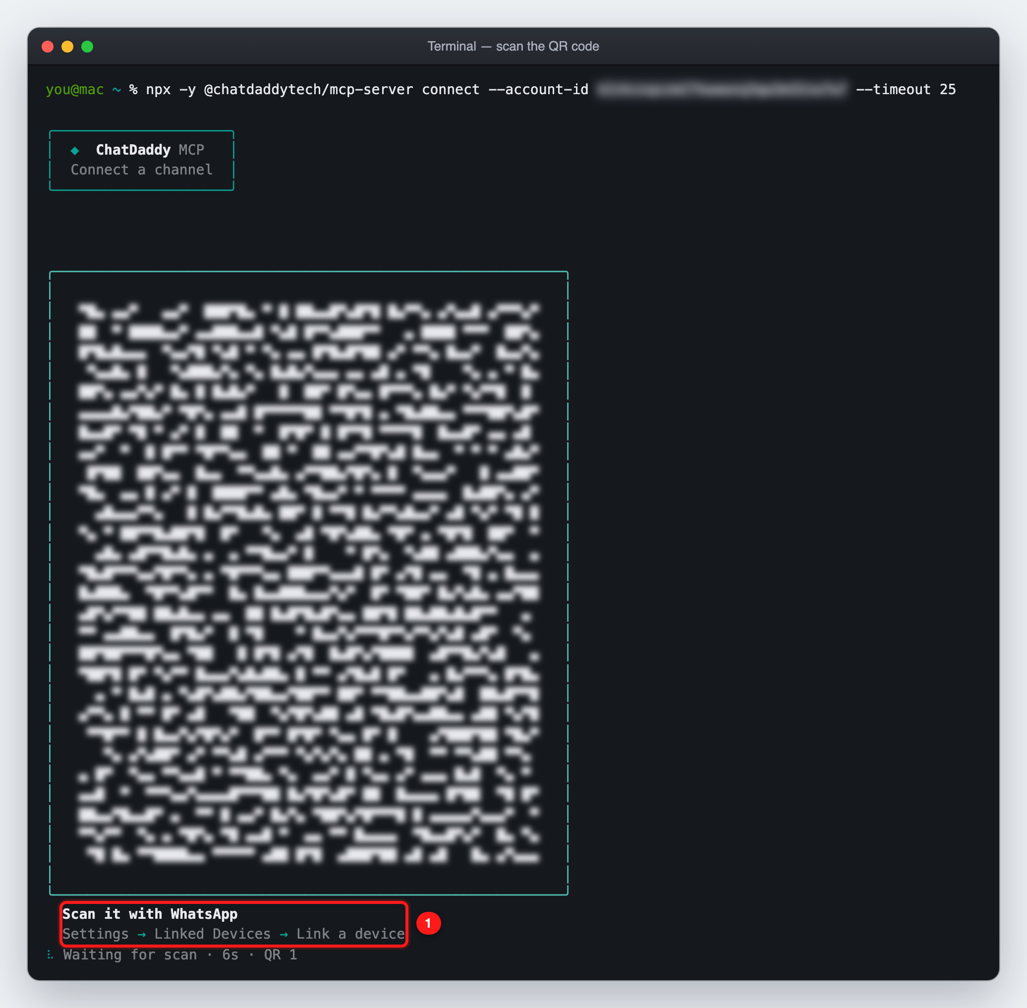 ① Scan with WhatsApp → Settings → Linked Devices → Link a device (QR blurred)