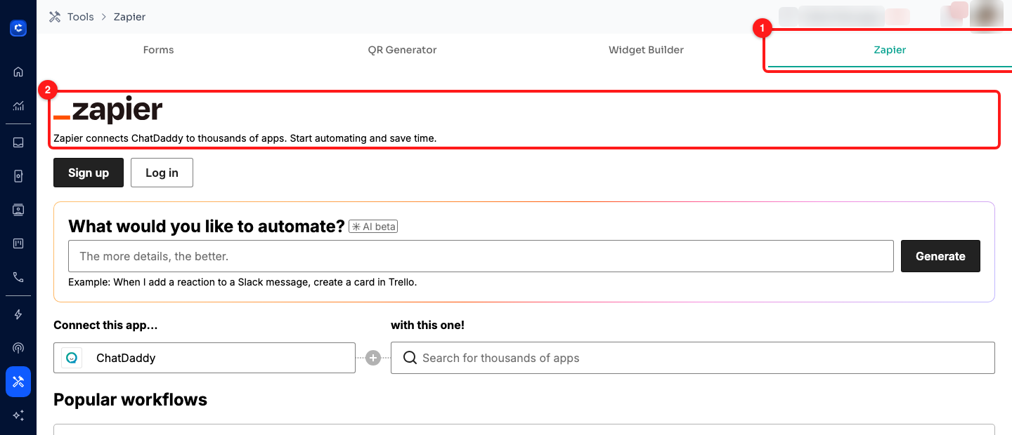 Step 3 — the Zapier tab on the Tools page (1) and the embedded Zapier builder that loads under it (2).