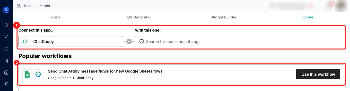 Step 4 — the app pair, with the “with this one!” search box (1), and the ready-made Google Sheets workflow with its Use this workflow button (2).