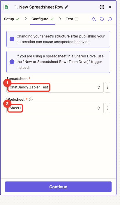 Step 5 — the trigger's Configure tab: pick the Spreadsheet (1), then the Worksheet inside it (2).