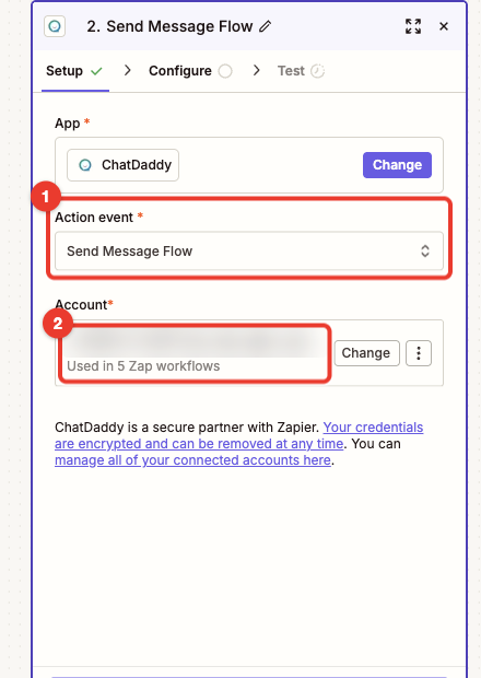 Step 6 — the action step once ChatDaddy is connected: the Action event (1) and the linked ChatDaddy account (2). One connection can serve several Zaps.