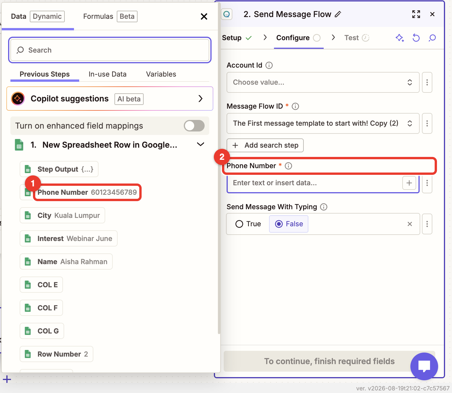 Step 7 — click into a ChatDaddy field (2) and pick the matching column from the Google Sheets sample on the left (1). Set the field to Custom first if it is offering you a fixed list instead of your sheet's columns.