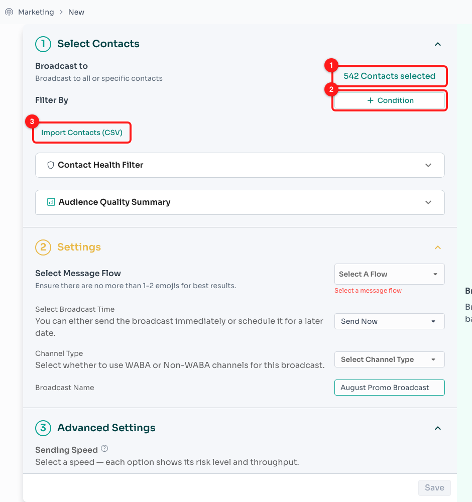 Section 1 — the recipient count (1) opens the contact picker, + Condition (2) adds a filter, and Import Contacts (CSV) (3) uploads a new list.
