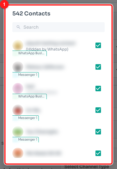 Step 3 — the contact picker. Contact names and photos are blurred in this screenshot for privacy; in your account you will see the real names.