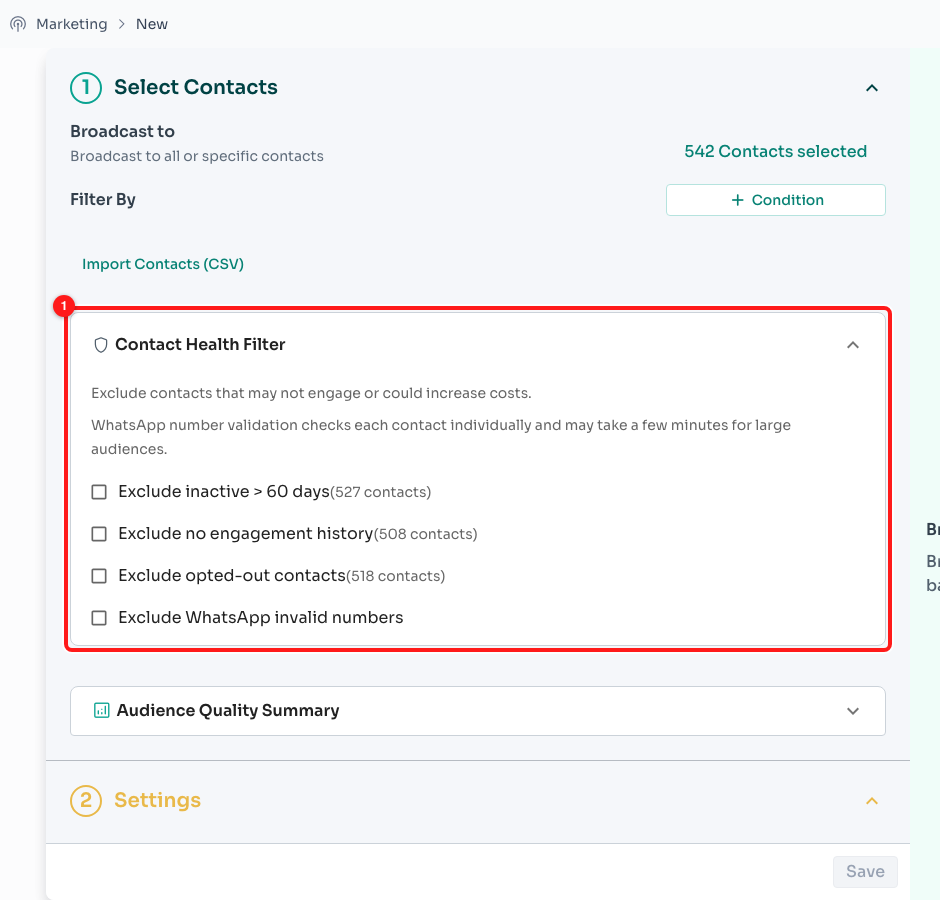 Step 6 — the Contact Health Filter (1), with the live impact of each exclusion shown next to it.