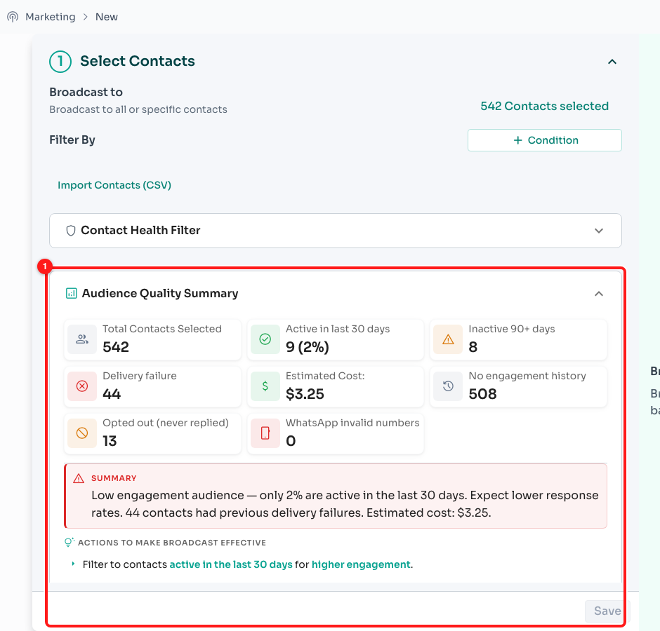 Step 7 — the Audience Quality Summary (1). The red SUMMARY box explains what the numbers mean, and “Actions to make broadcast effective” suggests concrete fixes.