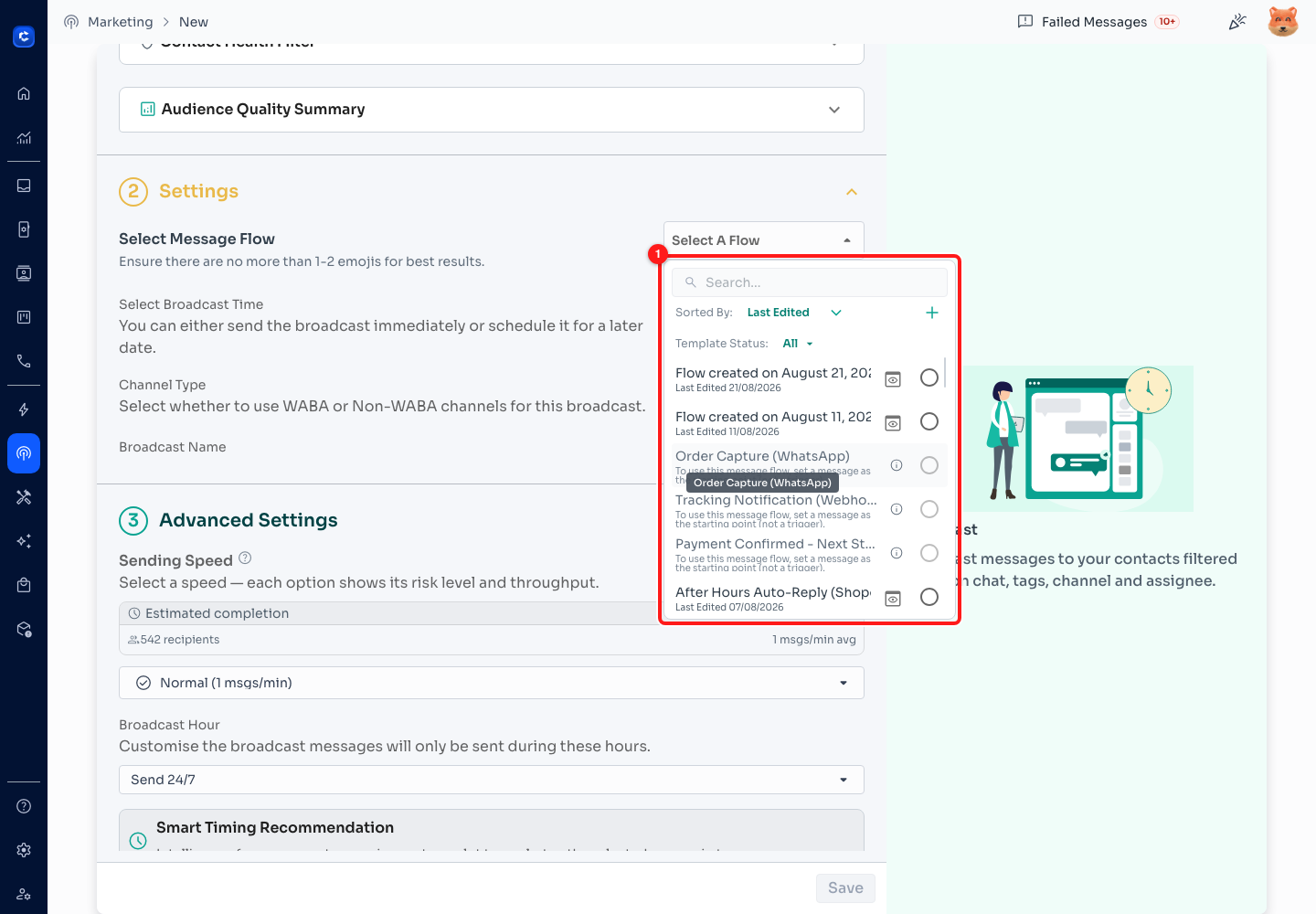 Step 8 — the flow picker (1). Pick the radio button on the right of a row to select that flow; the eye icon previews it instead.