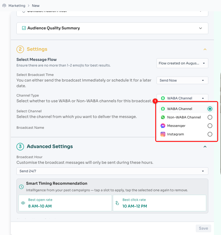 Step 10 — the four channel types (1). Click the radio button on the right of the row to select one.