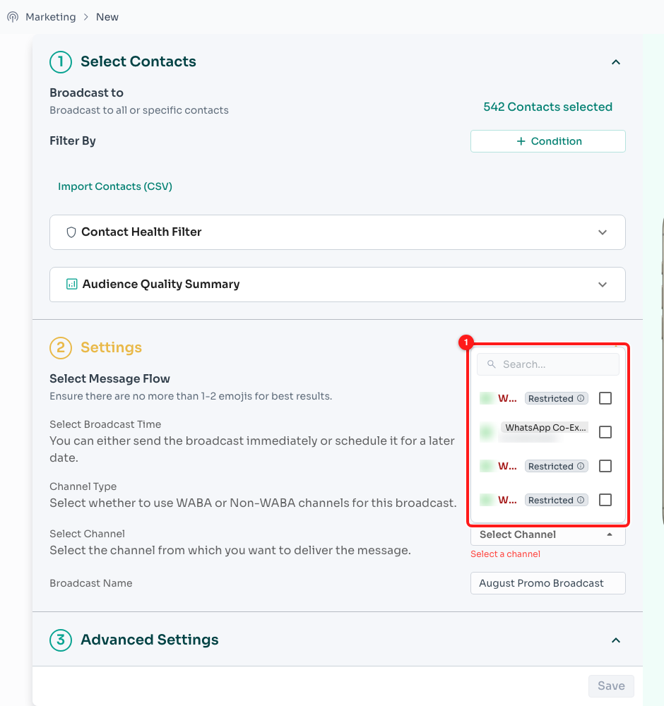 Step 11 — the channel list (1). Phone numbers are blurred in this screenshot; channels marked Restricted cannot be used until the restriction is cleared.