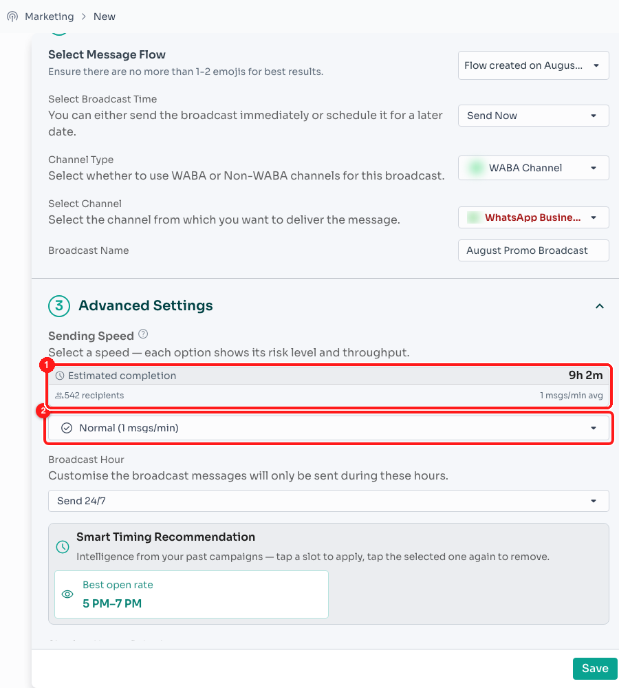 Step 13 — the estimated completion panel (1) and the sending-speed selector (2).