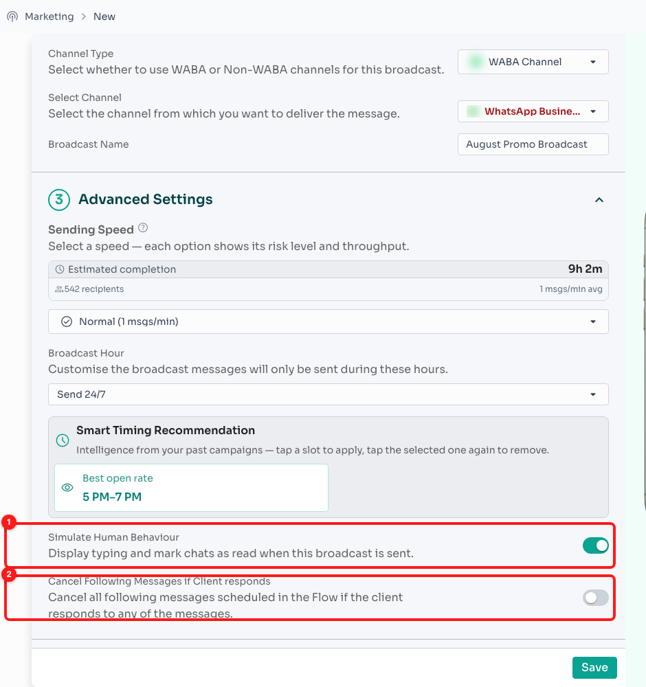 Step 15 — Simulate Human Behaviour (1) and Cancel Following Messages if Client responds (2).