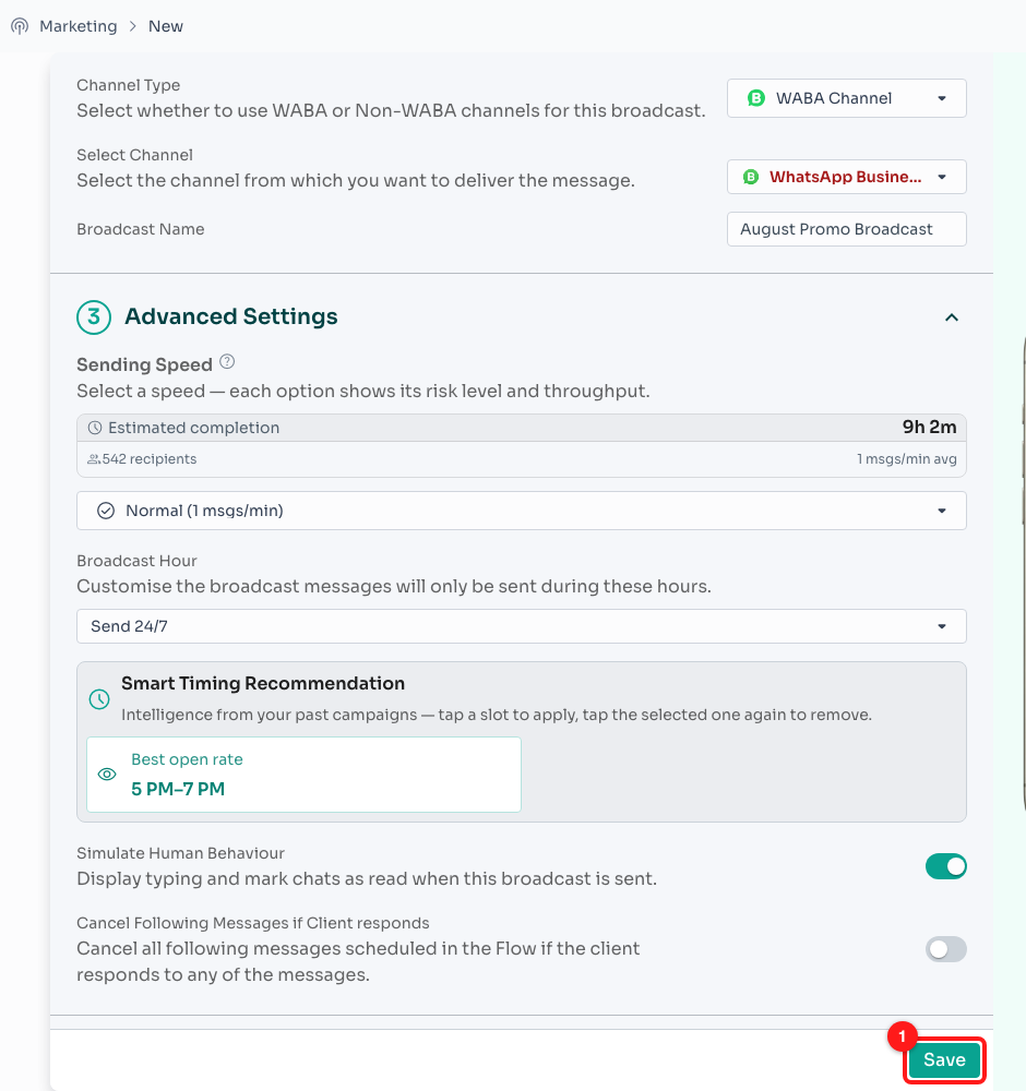 Step 16 — the Save button (1). Hover it while it is greyed out and the tooltip tells you what is still missing.