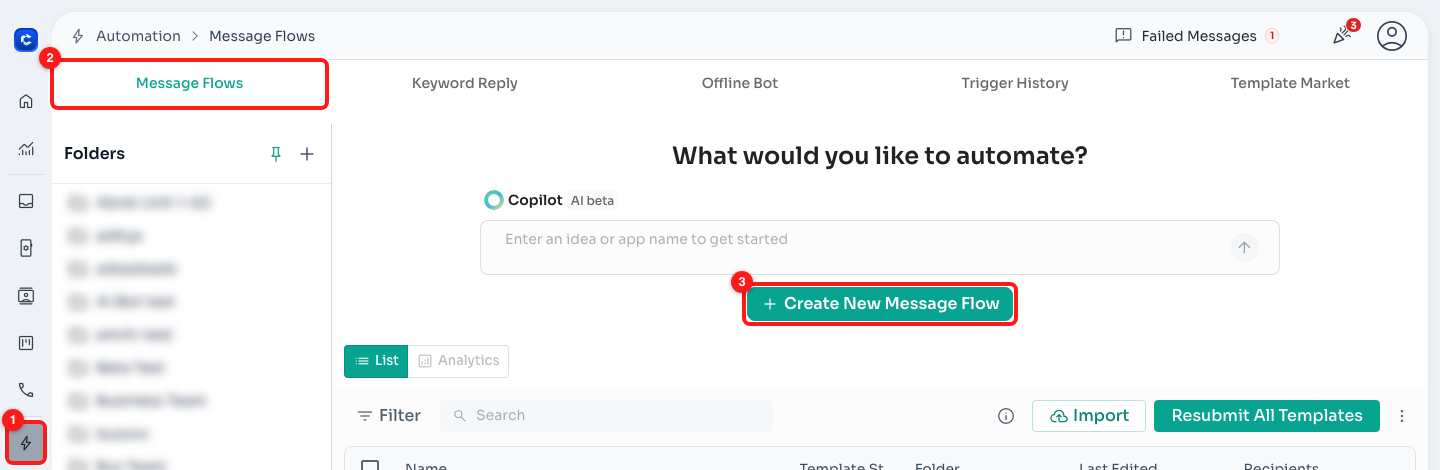 Automation (1) → Message Flows (2) → Create New Message Flow (3).