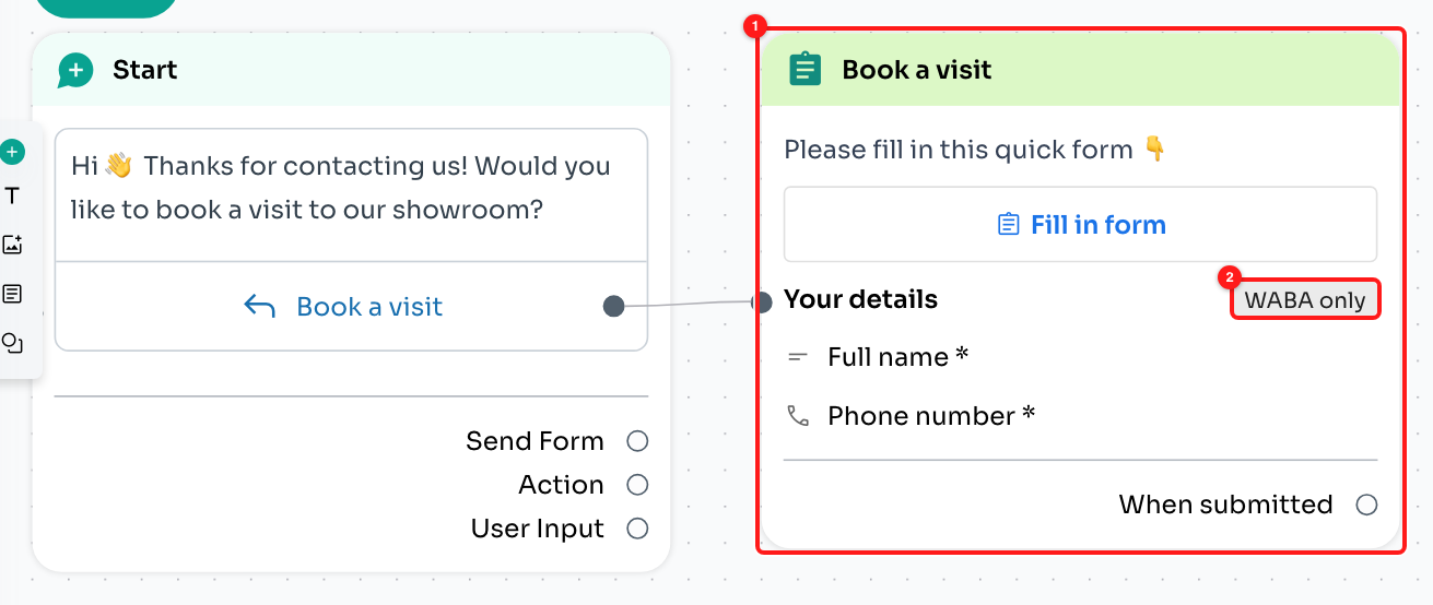 The new WhatsApp Form step (1), linked to the button. WABA only (2).