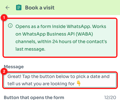The WABA / 24-hour note (1) and the Message (2).
