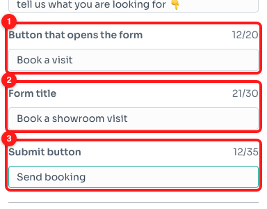 Button that opens the form (1), Form title (2) and Submit button (3), each with a character counter.
