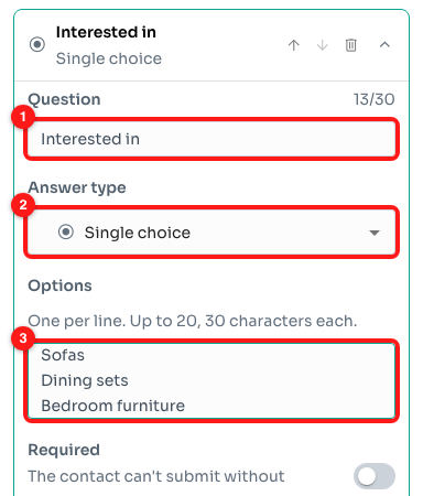 Question (1), Answer type set to Single choice (2), and the Options, one per line (3).