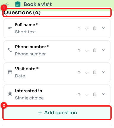 All four questions (1) and Add question (2).