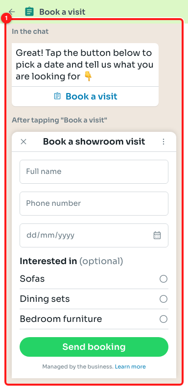 The live preview (1): the chat message and the form screen.