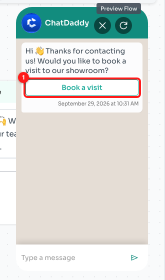 The greeting with its Book a visit button (1).