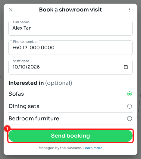 A completed test form and the Send booking button (1). Sample data only.