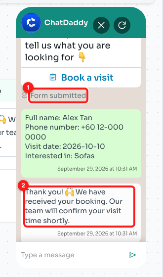 Form submitted (1), the answers, and the automatic thank-you message (2).