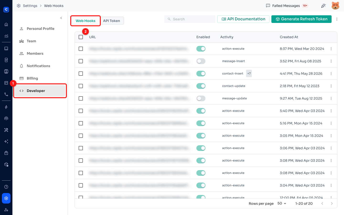 Step 1 — Developer in the settings menu (1), and the Web Hooks tab (2). The endpoint URLs in this example are blurred.