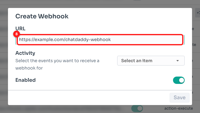 Step 4 — the URL field, with an example endpoint filled in (8).
