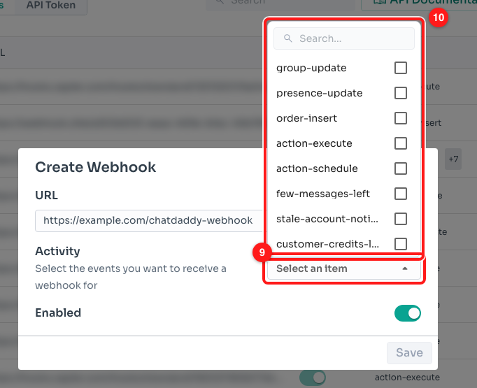 Step 5 — the Activity dropdown (9) and the searchable event list (10).