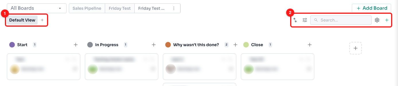 Step 1 — the view tabs and the + for a new view (1), and the board actions with the View settings cog (2).