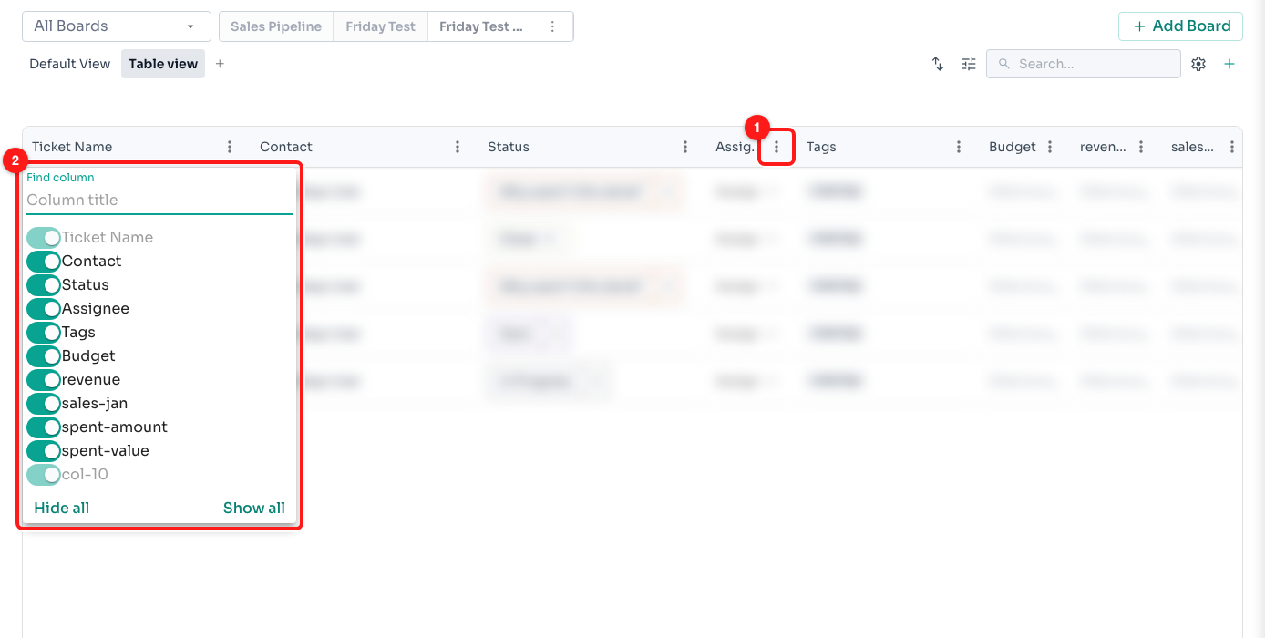 Step 8 — the ⋮ on a column heading (1) and the Manage columns list with a switch per column (2).