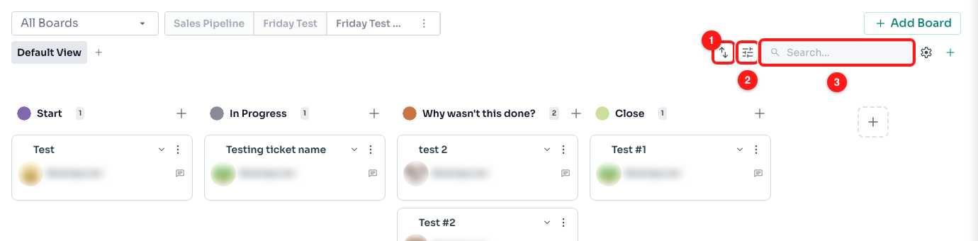 Step 1 — the sort icon (1), the filter icon (2) and the search box (3).