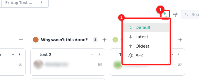 Step 2 — the sort icon (1) opens the four sort options (2).