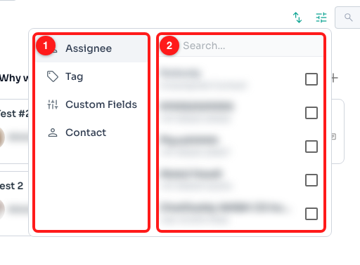 Step 4 — the list of things you can filter on (1) and the values for the one currently selected (2). Names and numbers are blurred here for privacy.