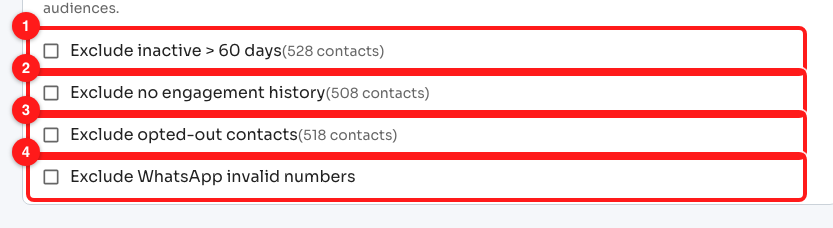 Step 4 — Exclude inactive > 60 days (1), no engagement history (2), opted-out contacts (3) and WhatsApp invalid numbers (4).