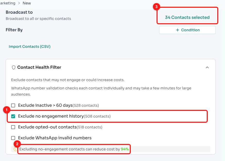 Step 5 — one exclusion ticked (1), the cost-reduction line it produced (2), and the recipient count now down from 542 to 34 (3).