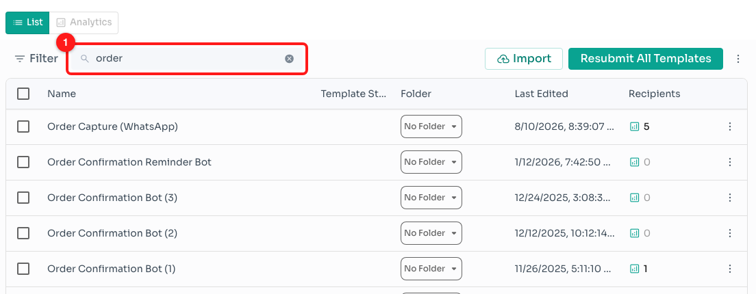 Step 1 — searching for “order” in the Search box (1) leaves only the flows whose name contains it.