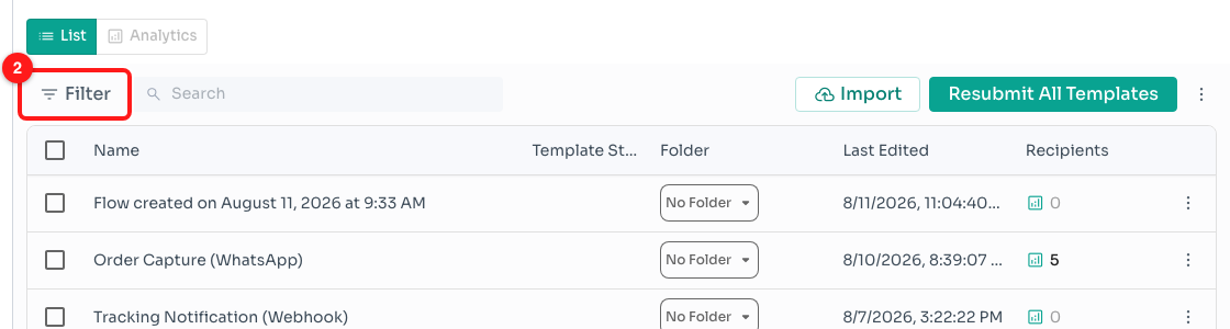 Step 2 — the Filter button sits at the left of the toolbar, above the flow table (2).