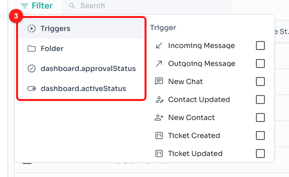 Step 3 — the four filter categories (3): Triggers, Folder, Approval Status and Active Status.