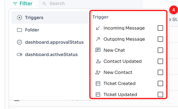 Step 4 — the trigger list with a tick box beside each one (4). Ticking several keeps flows that use any of them.