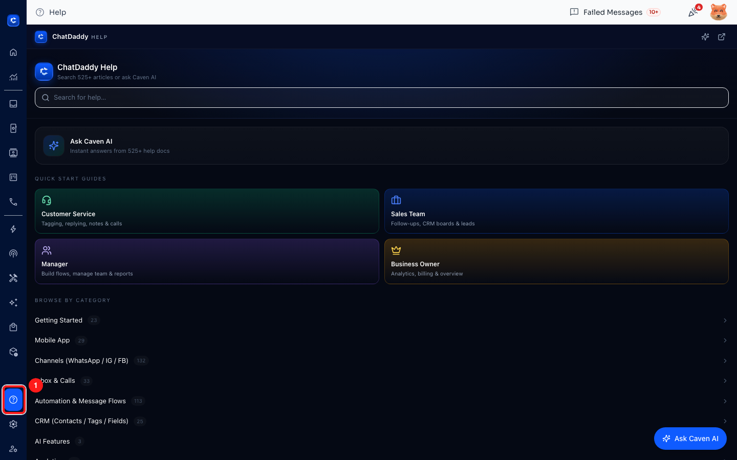 Step 1 — the Help icon (1) sits near the bottom of the left sidebar.
