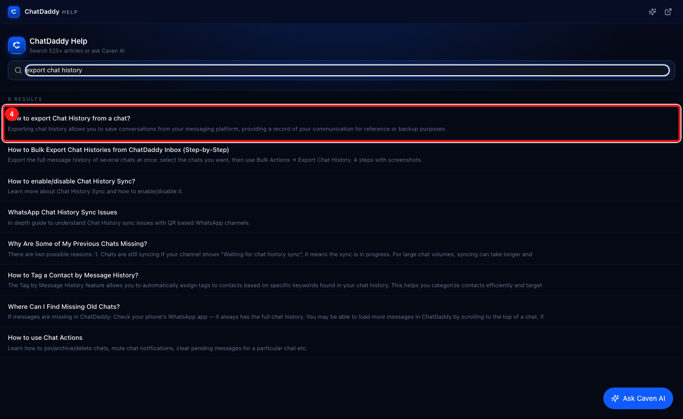 Step 3 — searching "export chat history" returns 8 results; click one (4) to read it without leaving ChatDaddy.