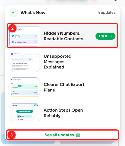 Step 2 — each row is one update; hovering shows Try it or Learn more (2). "See all updates" at the bottom opens the full window (3).