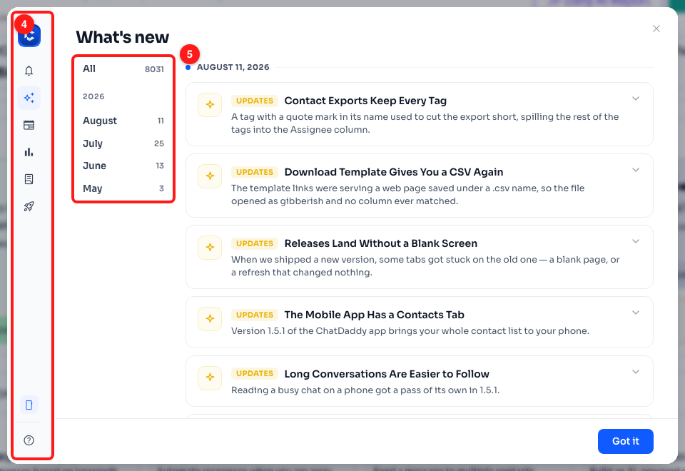 Step 3 — the sidebar of sections (4) and the period filter (5). The list on the right is grouped by release date.
