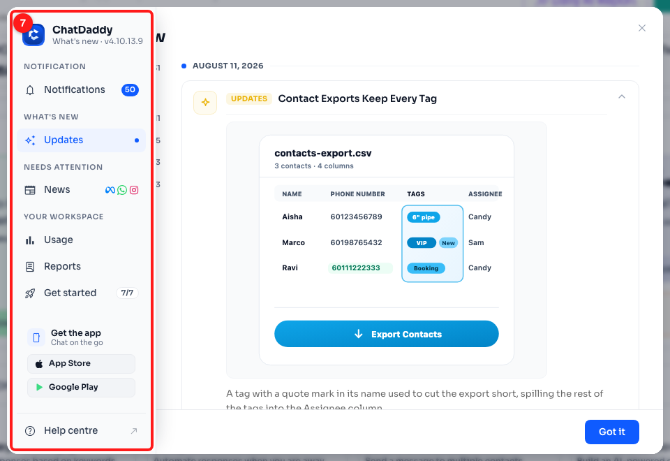 Step 5 — the sidebar expanded on hover (7), with an unread count on Notifications and a dot on Updates.