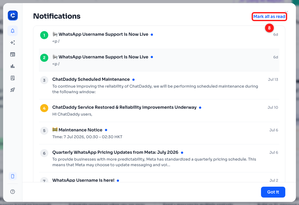Step 6 — announcements with unread dots, and "Mark all as read" in the top right (8).