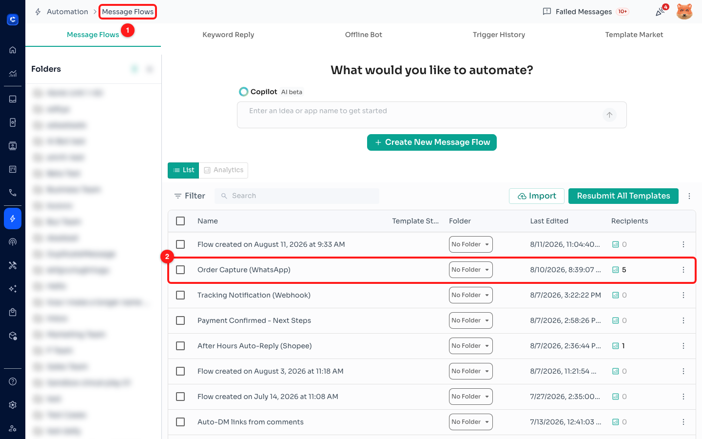 Step 1 — the Automation → Message Flows breadcrumb (1) and the flow you want to open (2). Click the flow name to open it in the builder.