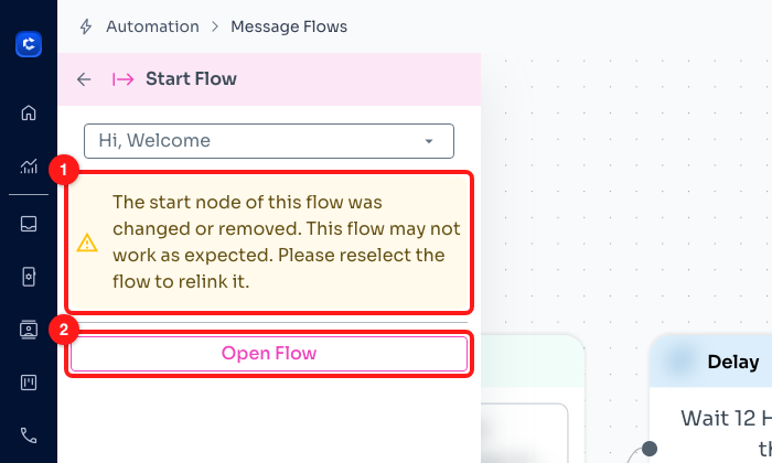 Step 3 — the warning inside the node panel (1) and the Open Flow button (2), which opens the linked flow in a new tab.