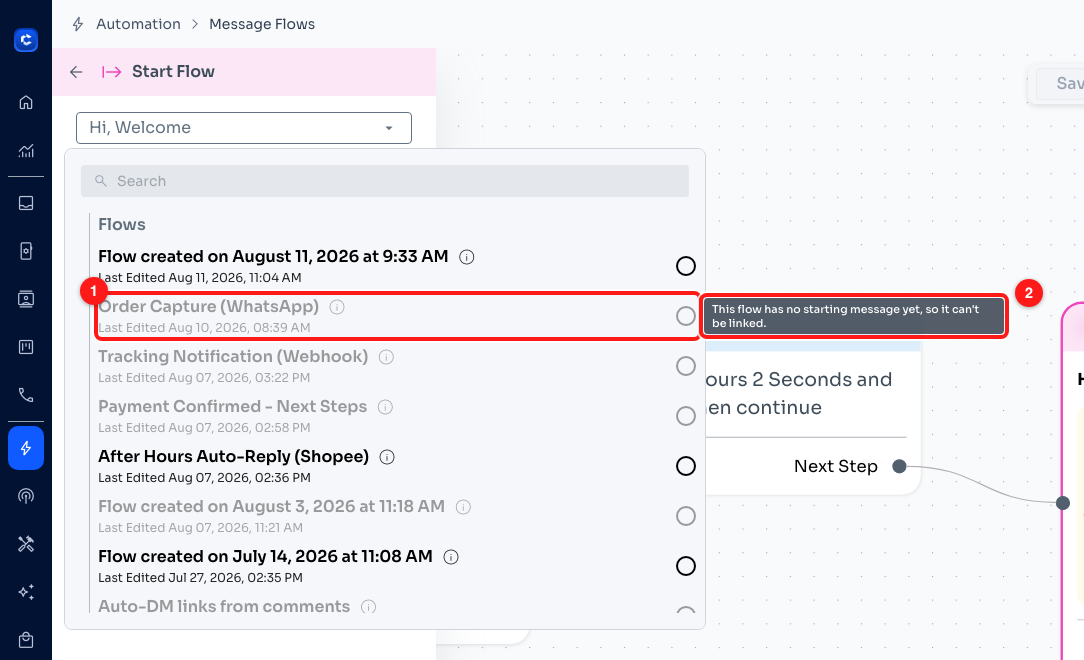 A flow that cannot be linked yet (1) and the tooltip explaining why (2).